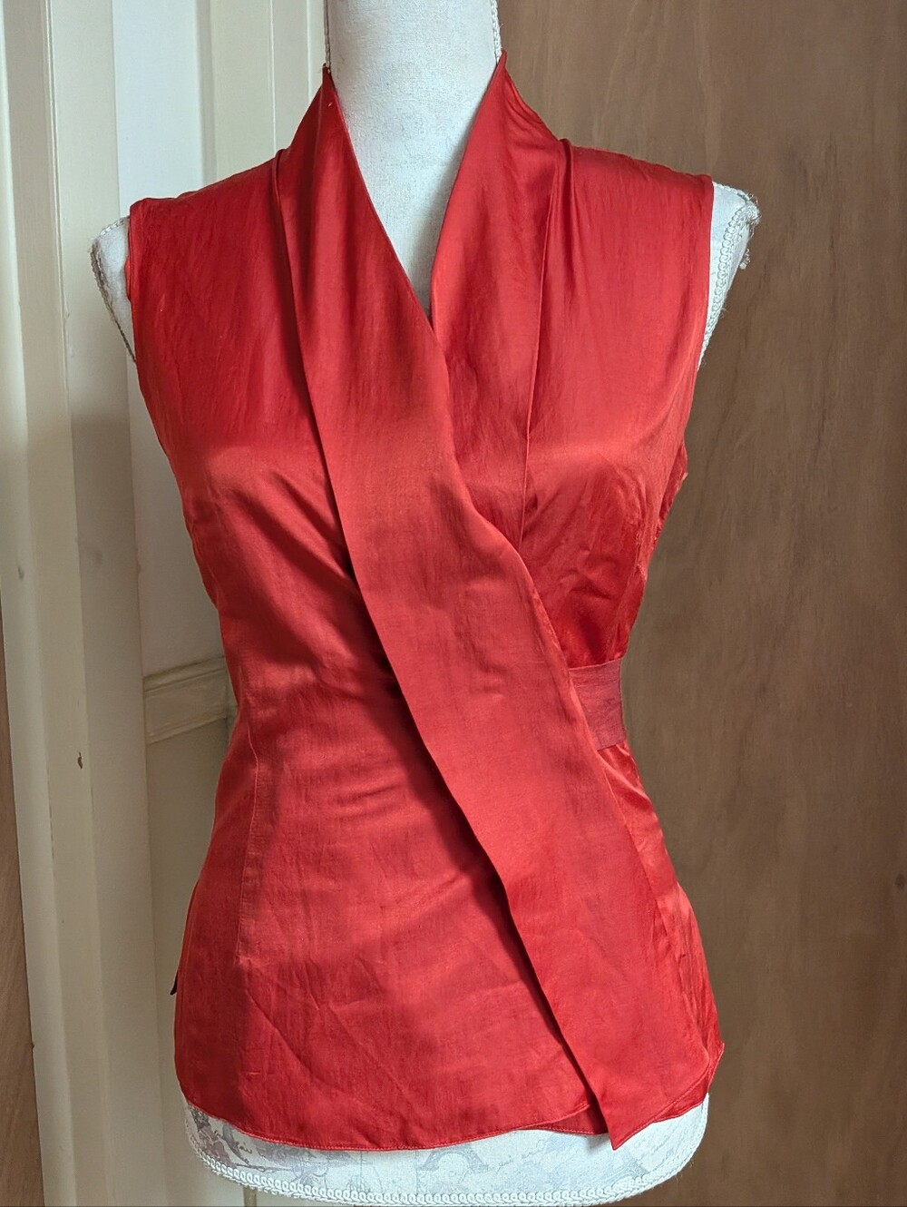Akris punto Red Cotton Silk Wrap Front Sleeveless Top Blouse Tie Back Swiss Made